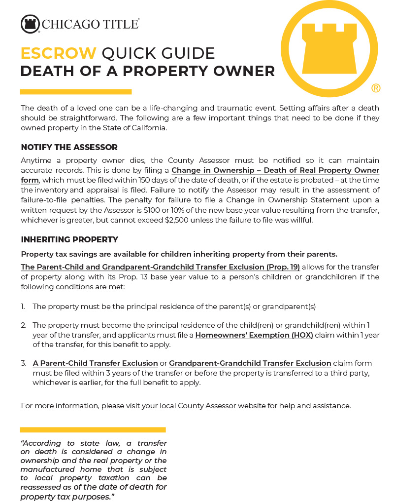 ESCROW QUICK GUIDE - DEATH OF A PROPERTY OWNER